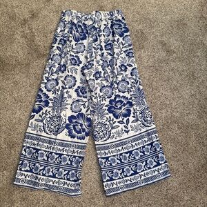 Rachel Zoe Linen Blend Wide Leg Flowy Floral Pants Blue & White Size S Beach